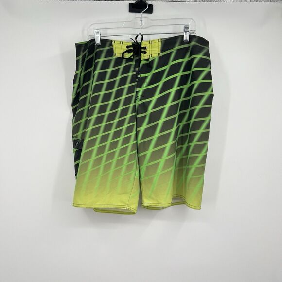 Mens Hang Ten Neon Green Black Swim Trunks 36 Pockets Beach Vacation Cruise - Picture 2 of 10